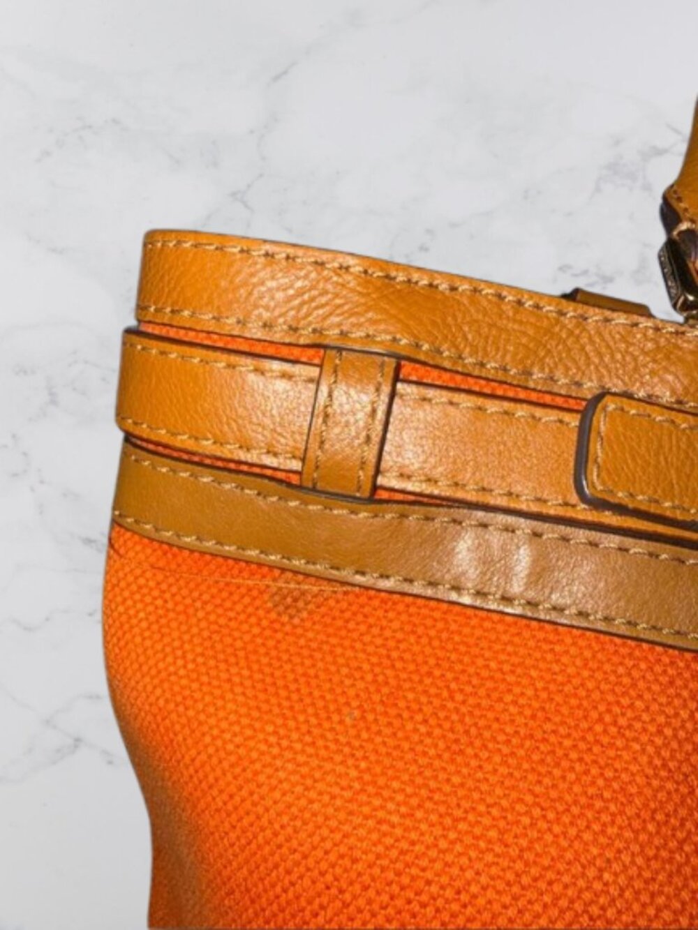 Michael Kors Kingsbury Orange Canvas Bucket Bag Cognac Leather Crossbody - Picture 2 of 13